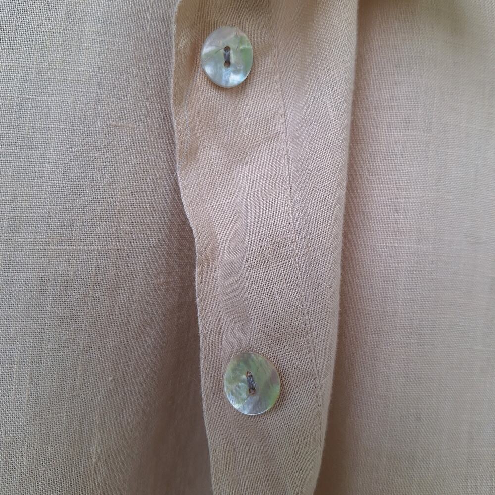Robert Louis 100% Linen Crochet Trim Mother of Pearl buttons Blouse Shirt Tan M - Picture 5 of 10